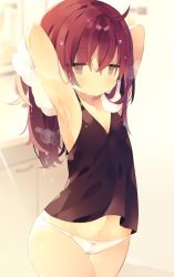 Rule 34 | 1girl, armpits, arms up, bare shoulders, black camisole, blurry, blurry background, bow, bow panties, brown eyes, camisole, closed mouth, collarbone, depth of field, hair between eyes, highres, long hair, looking at viewer, mimo lm, navel, original, panties, red hair, solo, thigh gap, underwear, underwear only, wet, wet hair, white panties