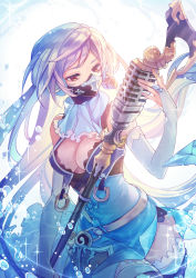 Rule 34 | 1girl, absurdres, achan (blue semi), belt, blue dress, breasts, bridal gauntlets, cleavage, cleavage cutout, clothing cutout, covered mouth, cowboy shot, dress, earrings, ejaeli (granblue fantasy), granblue fantasy, highres, holding, holding microphone, jewelry, lock, lock earrings, long hair, mask, medium breasts, microphone, scarf, solo, sparkle, water, water drop