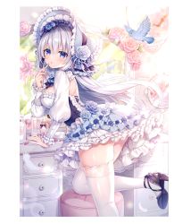 Rule 34 | 1girl, absurdres, animal, arm support, bird, blue eyes, blue hair, blush, breasts, chair, cosmetics, detached sleeves, dress, fingernails, frilled dress, frilled skirt, frills, from side, high heels, highres, leg up, lipstick tube, long hair, long sleeves, looking at viewer, makeup, medium breasts, mitsuba choco, original, parted lips, puffy sleeves, scan, shiny clothes, shiny skin, short dress, simple background, skirt, solo, thighhighs, thighs, white thighhighs, zettai ryouiki