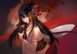Rule 34 | 1girl, black hair, detached sleeves, fusou (kancolle), hair ornament, kantai collection, long hair, mask, unworn mask, nontraditional miko, red background, red eyes, solo, takeshima satoshi