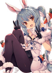 Rule 34 | 1girl, :d, animal ear fluff, animal ears, bare shoulders, black gloves, black leotard, black pantyhose, blue hair, blush, bow, braid, breasts, carrot hair ornament, commentary request, detached sleeves, don-chan (usada pekora), double w, dress, fang, feet out of frame, food-themed hair ornament, fur-trimmed dress, fur-trimmed gloves, fur trim, gloves, hair between eyes, hair bow, hair ornament, hands up, hololive, knees up, leotard, long hair, looking at viewer, multicolored hair, open mouth, painttool sai (medium), pantyhose, puffy short sleeves, puffy sleeves, rabbit ears, red eyes, shoes, short eyebrows, short sleeves, signature, simple background, small breasts, smile, solo, strapless, strapless dress, strapless leotard, thick eyebrows, tsurugi hagane, twin braids, twintails, two-tone hair, usada pekora, usada pekora (1st costume), very long hair, virtual youtuber, w, white background, white bow, white dress, white footwear, white hair, white sleeves
