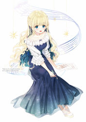 Rule 34 | 1girl, :d, bad id, bad pixiv id, beamed eighth notes, blonde hair, blue dress, blue eyes, blue hair, breasts, collarbone, commentary request, commission, dress, eighth note, english text, engrish text, full body, hair between eyes, half updo, haruri, highres, holding, holding pen, long hair, looking at viewer, multicolored hair, musical note, nib pen (object), open mouth, original, pen, platform footwear, pleated dress, print dress, quarter note, ranguage, see-through, sheet music, shoes, short sleeves, simple background, sitting, small breasts, smile, solo, starry sky print, treble clef, two-tone hair, very long hair, watermark, white background, white footwear, wide sleeves