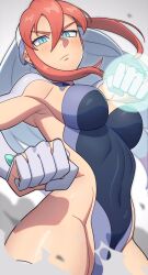 Rule 34 | 1girl, awawawaart, birdy cephon altera, blue eyes, blue leotard, blush, breasts, clenched hands, commentary, commission, covered navel, dyed bangs, elbow gloves, english commentary, frown, gloves, glowing, glowing hand, highres, leotard, long hair, looking at viewer, medium breasts, multicolored hair, red hair, solo, tetsuwan birdy, tetsuwan birdy decode, two-tone hair, white hair