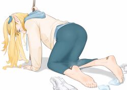 1girl absurdres barefoot blonde_hair dungeon_meshi feet green_eyes highres iblod long_hair marcille_donato open_mouth pointy_ears shoes soles steam toes unworn_shoes unworn_socks