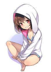 Rule 34 | 1girl, alternate color, alternate costume, animal ears, animal hood, bare legs, barefoot, bikini, bikini top only, black hair, brown hair, collarbone, fake animal ears, flat chest, full body, grin, hat, hood, inaba tewi, indian style, long sleeves, looking at viewer, own hands together, rabbit ears, rabbit hood, red eyes, short hair, simple background, sitting, sleeves past wrists, smile, solo, striped bikini, striped bikini top, striped clothes, swimsuit, touhou, unowen, v arms, white background