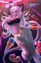Rule 34 | 1girl, android 21, armpits, arms up, black sclera, bracelet, breasts, cake, colored sclera, colored skin, commentary, cupcake, detached sleeves, doughnut, dragon ball, dragon ball fighterz, earrings, energy ball, english commentary, food, freeze-ex, harem pants, hoop earrings, ice cream, ice cream cone, impossible clothes, jewelry, large breasts, long hair, looking at viewer, majin android 21, nail polish, navel, neck ring, pants, pink skin, pointy ears, powering up, pudding, red eyes, solo, stomach, strapless, sundae, tail, toned, torn clothes, torn pants, tube top, wafer stick