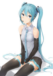 Rule 34 | 1girl, abmayo, bare shoulders, black skirt, black thighhighs, blue necktie, blush, breasts, closed mouth, collared shirt, detached sleeves, grey shirt, hatsune miku, headset, highres, long hair, long sleeves, looking at viewer, necktie, shiny skin, shirt, simple background, skirt, sleeveless, sleeveless shirt, small breasts, smile, solo, thighhighs, twintails, very long hair, vocaloid, white background, wing collar, zettai ryouiki