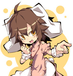 Rule 34 | 1girl, :3, adapted costume, animal ears, brown hair, carrot, china dress, chinese clothes, dress, fang, inaba tewi, jewelry, looking at viewer, necktie, noya makoto, open mouth, pants, pants under dress, pendant, pink dress, pointing, puffy sleeves, rabbit ears, rabbit girl, rabbit tail, short sleeves, side slit, smile, solo, tail, touhou, wrist cuffs, yellow eyes