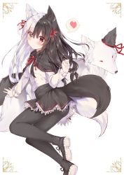 Rule 34 | 1girl, absurdres, animal, animal ears, ass, black capelet, black footwear, black hair, black pantyhose, black skirt, blush, boots, capelet, closed mouth, commentary request, copyright request, dress shirt, fuyuki030, hair between eyes, hair ribbon, hand up, head tilt, heart, highres, long hair, long sleeves, looking at viewer, looking to the side, multicolored hair, pantyhose, red eyes, red ribbon, ribbon, shirt, shoe soles, silver hair, skirt, smile, solo, spoken heart, tail, two-tone hair, very long hair, virtual youtuber, white background, white shirt, wolf, wolf ears, wolf girl, wolf tail