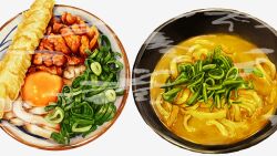 Rule 34 | bowl, egg (food), food, food focus, highres, kaneko ryou, meat, no humans, noodles, original, simple background, steam, still life, udon, white background