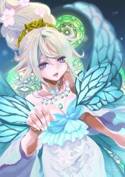 Rule 34 | 1girl, absurdres, bare shoulders, blue wings, braid, breasts, butterfly wings, chii (pixiv20756878), cleavage, dress, fairy, final fantasy, final fantasy xiv, fingernails, floating hair, flower, hair between eyes, hair flower, hair ornament, hand up, highres, insect wings, jewelry, lips, long fingernails, long hair, medium breasts, necklace, open mouth, pink flower, pink lips, pointy ears, purple eyes, silver hair, single braid, solo, stained glass, teeth, tiara, titania (final fantasy), white dress, wings
