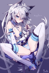 Rule 34 | 1girl, absurdres, alternate costume, animal collar, animal ears, arknights, bare shoulders, bell, belt collar, black nails, blue collar, blue eyes, blue flower, blue footwear, blue panties, blue rose, blush, bow, bow panties, breasts, bridal gauntlets, bridal legwear, character name, chinese commentary, cleavage, cleavage cutout, closed mouth, clothing cutout, collar, collarbone, commentary request, covered erect nipples, dress, elbow gloves, eyes visible through hair, flower, gloves, grey background, grey hair, hair between eyes, hair ornament, hairclip, hand up, heart cutout, heart pasties, high heels, highres, imazawa, jingle bell, knees up, lappland (arknights), leash, long hair, medium breasts, nail polish, neck bell, paid reward available, panties, pasties, pleated dress, rose, sandals, solo, spread legs, tail, thighhighs, toenail polish, toenails, toes, underwear, white dress, white gloves, white thighhighs, wolf ears, wolf girl, wolf tail