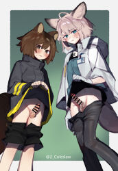 Rule 34 | 2futa, animal ears, arknights, bar censor, black jacket, black pantyhose, black shorts, blue eyes, blush, breasts, brown eyes, brown hair, censored, closed mouth, clothes lift, clothes pull, dark penis, erection, firefighter jacket, fox ears, fox girl, fox tail, futanari, gloves, highres, jacket, jacket lift, lifting own clothes, long sleeves, mirin chikuwa, multiple futa, pantyhose, pantyhose pull, penis, shaw (arknights), short hair, shorts, shorts pull, small breasts, squirrel ears, squirrel girl, squirrel tail, standing, sussurro (arknights), tail, testicles, white gloves, white jacket