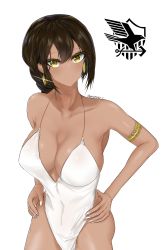Rule 34 | 1girl, absurdres, armband, azur lane, bad id, bad twitter id, bare shoulders, black hair, braid, breasts, cleavage, cocktail dress, dark-skinned female, dark skin, dress, eagle union (emblem), earrings, evening gown, feather earrings, feathers, geography 0, highres, jewelry, large breasts, long hair, looking at viewer, native american, solo, south dakota (azur lane), south dakota (solo concert) (azur lane), standing, yellow eyes