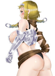 Rule 34 | 1girl, armor, artist request, ass, black panties, blonde hair, braid, breastplate, breasts, curvy, hairband, highres, large breasts, leina (queen&#039;s blade), looking at viewer, looking back, micro panties, open mouth, panties, queen&#039;s blade, revealing clothes, shiny skin, short hair with long locks, side braid, sideboob, solo, thong, twin braids, underwear, white background, wide hips