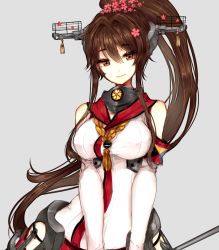 Rule 34 | 10s, 1girl, breasts, brown eyes, brown hair, cherry blossoms, flower, hair ornament, kantai collection, large breasts, long hair, ponytail, smile, solo, terupancake, very long hair, yamato (kancolle)