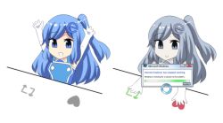 Rule 34 | 1girl, :d, arms up, blue hair, bongo cat, buffering, closed mouth, elbow gloves, english text, error message, gloves, hair ornament, heart, highres, hinghoi, internet explorer, long hair, meme, microsoft windows, multiple views, one side up, open mouth, os-tan, smile, swept bangs, white gloves