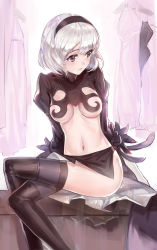 Rule 34 | 1girl, adapted costume, bad id, bad pixiv id, boots, breasts, fur trim, highres, crossed legs, looking to the side, mole, mole under eye, mole under mouth, navel, nier (series), nier:automata, no blindfold, parted lips, purple eyes, rabbit (tukenitian), silver hair, solo, 2b (nier:automata)