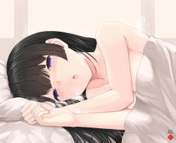 Rule 34 | 1girl, bad id, bad twitter id, bed, bed sheet, black hair, blue eyes, blush, breasts, cleavage, collarbone, commentary, dated, highres, indoors, long hair, looking at viewer, lying, medium breasts, naked sheet, nijisanji, nude, on pillow, on side, open mouth, pillow, signature, solo, sweat, temari rin, tsukino mito, under covers, upper body, virtual youtuber