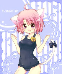 Rule 34 | 1girl, ahoge, animal ears, bad id, bad pixiv id, blush, bow, cat ears, cat tail, english text, fang, flower, heart, one-piece swimsuit, original, pink eyes, pink hair, ribbon, school swimsuit, short hair, solo, sukuneko, sunflower, swimsuit, tail, tail bow, tail ornament