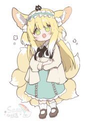 Rule 34 | 1girl, animal ears, arknights, blonde hair, blush, brown footwear, cardigan, cheng junyun, chinese commentary, colored tips, commentary request, crossover, fox ears, fox girl, fox tail, full body, green eyes, green skirt, grey cardigan, heixiu, highres, kitsune, kyuubi, long hair, long sleeves, looking at viewer, luo xiaohei zhanji, mary janes, multicolored hair, multiple tails, open mouth, shoes, simple background, skirt, socks, suzuran (arknights), tail, two-tone hair, white background, white hair, white socks