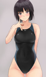 Rule 34 | 1girl, amagami, black hair, black one-piece swimsuit, blue one-piece swimsuit, blush, bob cut, breasts, brown eyes, closed mouth, collarbone, commentary, competition swimsuit, cowboy shot, gluteal fold, grey background, groin, hand on own face, head tilt, highleg, highleg swimsuit, highres, looking at viewer, medium breasts, nanasaki ai, one-piece swimsuit, short hair, simple background, smile, solo, standing, swimsuit, thigh gap, two-tone swimsuit, yoo tenchi