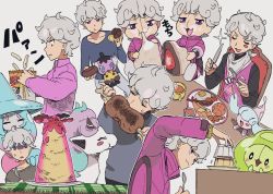 Rule 34 | 1boy, bede (pokemon), blush stickers, chewing, closed eyes, closed mouth, collarbone, commentary request, creatures (company), cup, duosion, eating, egg (food), food, fried egg, galarian form, galarian ponyta, game freak, gen 5 pokemon, gen 8 pokemon, gothita, grey hair, grey shirt, hatenna, hatterene, highres, holding, holding knife, holding spoon, knife, looking down, mug, nashubi (to infinity wow), nintendo, open mouth, opening, pokemon, pokemon (creature), pokemon swsh, pudding, purple eyes, shaded face, shirt, spoon, tongue, translation request