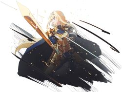 Rule 34 | 1girl, alice zuberg, armor, belt, blonde hair, blue cape, blue eyes, braid, braided ponytail, cape, dress, feet out of frame, gauntlets, hair intakes, hairband, highres, holding, holding sword, holding weapon, long hair, low-tied long hair, nagishiro mito, open mouth, ribbon, shoulder guard, sidelocks, simple background, solo, sword, sword art online, sword art online: alicization, very long hair, weapon, white background, white hairband