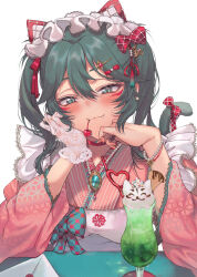 1girl apron blue_eyes blush bow bracelet cat_tail cherry choker closed_mouth commentary_request cream_soda fang fang_out food food_in_mouth fruit gloves green_hair hands_up head_tilt highres japanese_clothes jewelry kayanogura kimono kiriko_(overwatch) lace lace_gloves long_sleeves maid overwatch pearl_bracelet pink_kimono red_bow red_choker simple_background single_glove smile solo tail tail_bow tail_ornament twintails upper_body wa_maid white_apron white_background white_gloves wide_sleeves