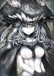 Rule 34 | 10s, 1girl, abyssal ship, black gloves, bodysuit, breasts, cape, covered navel, gloves, grey eyes, hat, headgear, highres, kantai collection, long hair, looking at viewer, monochrome, pale skin, parted lips, portrait, signature, silver hair, solo, teeth, tentacles, upper body, wo-class aircraft carrier, xiaodi