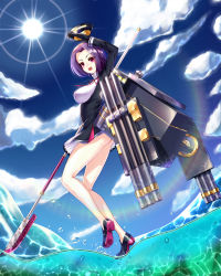 Rule 34 | 10s, 1girl, :d, ass, black dress, breasts, cloud, cloudy sky, day, diffraction spikes, dress, female focus, highres, kantai collection, lance, large breasts, ocean, open mouth, partially underwater shot, polearm, purple hair, ryuuzouji usagi, short dress, sky, smile, solo, standing, standing on liquid, sun, sunlight, tatsuta (kancolle), underwater, water, water drop, weapon