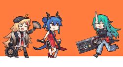 Rule 34 | 3girls, alternate costume, arknights, blue hair, boots, ch&#039;en (ageless afterglow) (arknights), ch&#039;en (arknights), china dress, chinese clothes, closed eyes, double bun, dragon horns, dragon tail, dress, green hair, hair bun, horns, hoshiguma (arknights), hoshiguma (ronin huntress) (arknights), jacket, multiple girls, official alternate costume, skin-covered horns, swire (arknights), swire (honor and splendor) (arknights), sword, tail, vento, weapon
