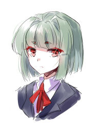 Rule 34 | 1girl, akinomiya asuka, alternate hair length, alternate hairstyle, black jacket, blunt bangs, closed mouth, collared shirt, commentary request, frown, green hair, hair intakes, jacket, mystical power plant, neck ribbon, original, portrait, red eyes, red ribbon, ribbon, shirt, short hair, simple background, sketch, solo, suitokuin tenmu, touhou, white background, white shirt