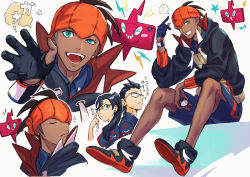 Rule 34 | 1girl, 2boys, black hoodie, blue shirt, blue shorts, brown hair, clenched teeth, closed eyes, closed mouth, collared shirt, commentary, creatures (company), dark-skinned male, dark skin, dynamax band, earrings, flying sweatdrops, game freak, gen 4 pokemon, gloves, green eyes, grin, gym leader, gym trainer (pokemon), hand up, holding, holding poke ball, hood, hood down, hoodie, jewelry, knees, looking at viewer, misica, multiple boys, musical note, nintendo, open mouth, orange headwear, partially fingerless gloves, poke ball, pokemon, pokemon (creature), pokemon swsh, raihan (pokemon), rotom, rotom phone, shirt, shoes, shorts, side slit, side slit shorts, single glove, sitting, smile, spoken musical note, star (symbol), teeth, tongue, translation request, ultra ball, undercut