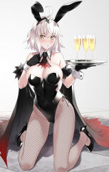 Rule 34 | 1girl, ahoge, animal ears, black footwear, black gloves, blush, breasts, cape, champagne flute, cleavage, covered navel, cup, drinking glass, fake animal ears, fate/grand order, fate (series), fishnet pantyhose, fishnets, fur trim, gloves, high heels, highres, jeanne d&#039;arc (fate), jeanne d&#039;arc alter (avenger) (fate), jeanne d&#039;arc alter (fate), kneeling, leotard, looking at viewer, narrow waist, necktie, pantyhose, playboy bunny, prime, rabbit ears, short hair, silver hair, solo, tray, wrist cuffs, yellow eyes