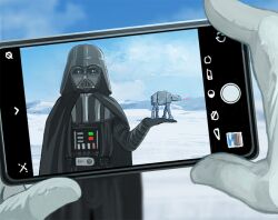Rule 34 | 1boy, amor, at-at, black cape, blue sky, cape, cellphone, cloud, cloudy sky, darth vader, forced perspective, gloves, happy, helmet, male focus, mosuke 2, phone, pov, pov hands, sky, snow, snowtrooper, solo focus, standing, star wars, star wars: the empire strikes back, taking picture, white gloves