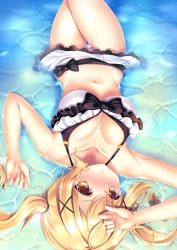 Rule 34 | 10s, 1girl, arm up, armpits, bang dream!, bare arms, bare shoulders, bikini, bikini skirt, blonde hair, blush, breasts, caustics, chiyonekoko, cleavage, frilled bikini, frills, frown, hair ornament, halterneck, hand up, ichigaya arisa, large breasts, long hair, looking at viewer, lying, navel, nose blush, on back, orange eyes, partially submerged, sidelocks, solo, stomach, swimsuit, thighs, twintails, v-shaped eyebrows, water, white bikini, x hair ornament