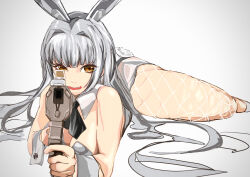 Rule 34 | 1girl, aiming, aiming at viewer, animal ear headwear, animal ears, ascot, black ascot, blanc (nikke), blunt bangs, breasts, brown eyes, cleavage, detached collar, fake animal ears, fake tail, fang, fishnet pantyhose, fishnets, goddess of victory: nikke, gun, hair intakes, highres, holding, holding gun, holding weapon, leotard, lying, medium breasts, on stomach, open mouth, pantyhose, playboy bunny, rabbit ears, rabbit tail, simple background, skin fang, solo, soujirou 10, strapless, strapless leotard, tail, weapon, white background, white hair, white leotard, wrist cuffs