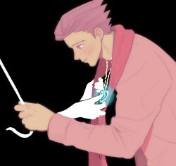 Rule 34 | 1boy, ace attorney, adjusting scarf, black background, blush, closed mouth, dahlia hawthorne, from side, glowing, heart, heart necklace, holding, holding umbrella, jewelry, leaning forward, long sleeves, looking down, male focus, necklace, phoenix wright, pink sweater, profile, red scarf, scarf, short hair, simple background, smile, spiked hair, sweater, umbrella, upper body, yon13498812