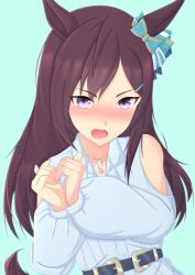 Rule 34 | 1girl, 2-butani, absurdres, animal ears, bare shoulders, belt, black belt, blush, breasts, brown hair, clothing cutout, commentary request, ear ornament, embarrassed, gradient background, grey eyes, hair ornament, hairclip, heart, heart hands, highres, horse ears, horse girl, jewelry, long sleeves, looking at viewer, medium breasts, mejiro dober (umamusume), necklace, official alternate costume, puffy long sleeves, puffy sleeves, shoulder cutout, solo, sweater, umamusume, upper body, white sweater