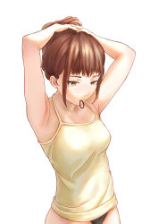 Rule 34 | 1girl, absurdres, an yb, armpits, arms up, bare arms, black panties, breasts, brown eyes, brown hair, camisole, commentary request, hair tie in mouth, halterneck, highres, mouth hold, no pants, original, panties, short hair, sidelocks, simple background, small breasts, solo, underwear, upper body, white background, yellow camisole