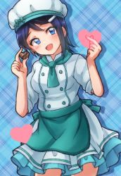 Rule 34 | 81 (mellowry), apron, asymmetrical bangs, blue background, blue eyes, blue hair, blush, breasts, buttons, checkered background, chef, chef hat, chocolate, commentary request, frilled skirt, frills, green apron, green neckerchief, hair ornament, hairclip, hands up, hat, heart, highres, idolmaster, idolmaster dearly stars, looking away, medium breasts, mizutani eri, neckerchief, open mouth, shirt, short hair, skirt, sleeves rolled up, smile, solo, waist apron, white shirt, white skirt