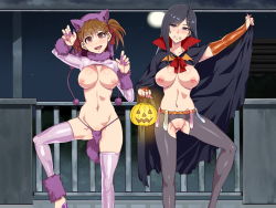 Rule 34 | 2girls, animal ears, arm up, blue eyes, blue hair, blush, breasts, brown hair, cape, cat ears, censored, closed mouth, condom, condom belt, cosplay, crotchless, fake animal ears, fake tail, fangs, female focus, fukuzawa yumi, functionally nude, fur trim, groin, hair ribbon, halloween, hand up, happy, highres, holding, large breasts, legs apart, long hair, looking at viewer, maria-sama ga miteru, mizuryu kei, moon, mosaic censoring, multiple girls, nail polish, navel, night, nipples, no panties, ogasawara sachiko, open mouth, outdoors, pantyhose, pink nails, pussy, red eyes, revealing clothes, ribbon, size difference, sky, smile, standing, tail, thong, tree, twintails, vampire
