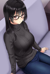 Rule 34 | 1girl, absurdres, arm support, arms at sides, black-framed eyewear, black hair, black sweater, blush, bralines, breasts, couch, denim, feet out of frame, glasses, highres, huyumitsu, indoors, jeans, large breasts, long hair, long sleeves, looking at viewer, on couch, original, pants, parted lips, photoshop (medium), red eyes, ribbed sweater, sitting, solo, straight hair, sweater, taut sweater, turtleneck, turtleneck sweater