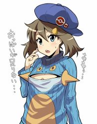 Rule 34 | 00s, 10s, 1girl, alternate costume, backwards hat, blue eyes, blush, brown hair, cabbie hat, cleavage cutout, clothing cutout, creatures (company), game freak, gen 3 pokemon, hair ornament, hairclip, hat, highres, marshtomp, may (pokemon), meme attire, nintendo, open-chest sweater, open mouth, pokemon, pokemon (creature), pokemon oras, pokemon rse, ribbed sweater, solo, sweater, tanashi (mk2), translation request, turtleneck, two side up, white background