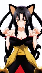 Rule 34 | 10s, 1girl, absurdres, animal ears, black hair, breasts, cat ears, cat tail, cleavage, hair rings, high school dxd, highres, japanese clothes, kuroka, kuroka (high school dxd), large breasts, long hair, looking at viewer, solo, tail