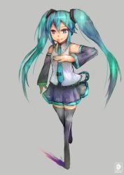 Rule 34 | 1girl, aqua eyes, aqua hair, bad id, bad pixiv id, black thighhighs, boots, breasts, detached sleeves, goropeko, grey background, hatsune miku, headset, highres, long hair, necktie, skirt, small breasts, smile, solo, tattoo, thigh boots, thighhighs, twintails, vocaloid, zettai ryouiki