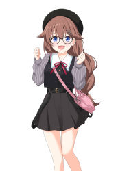 Rule 34 | 1girl, :d, absurdres, bag, belt, beret, black hat, black vest, blue eyes, brown hair, collared shirt, dress, feet out of frame, felutiahime, glasses, grey dress, grey shirt, hair flaps, hair ornament, hairclip, handbag, hat, heart-shaped bag, highres, hololive, long sleeves, looking at viewer, neck ribbon, open mouth, pinafore dress, pinstripe pattern, pinstripe shirt, red skirt, ribbon, shirt, simple background, skirt, sleeveless, sleeveless dress, smile, solo, star (symbol), star hair ornament, striped, tokino sora, vest, virtual youtuber, w arms, white background