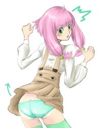 Rule 34 | 10s, 1girl, ahoge, artist request, ass, bell, blush, butt crack, clothes lift, dress, from behind, green eyes, green panties, green thighhighs, highres, leaning, leaning forward, long hair, looking back, looking down, narugino mikatan, open mouth, panties, pink hair, puffy sleeves, punchline, skirt, skirt lift, solo, surprised, thighhighs, underwear
