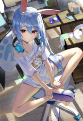 Rule 34 | 1girl, :/, absurdres, alternate hairstyle, animal ear fluff, animal ears, blue hair, blurry, blurry background, bright pupils, cellphone, chair, commentary request, copyright name, crossed ankles, cup, depth of field, desk, don-chan (usada pekora), dutch angle, extra ears, from above, hair between eyes, head tilt, headphones, headphones around neck, highres, hololive, indoors, jitome, keyboard (computer), long hair, looking at viewer, microphone, minecraft, mouse (computer), mousepad (object), mug, no pants, off-shoulder shirt, off shoulder, phone, rabbit ears, red eyes, romaji text, scottie (phantom2), shirt, sidelocks, slippers, smartphone, solo, thick eyebrows, usada pekora, very long hair, virtual youtuber, white pupils, white shirt, wooden floor